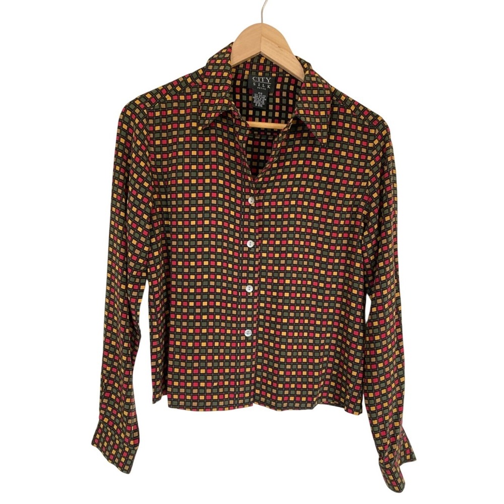 VTG City Silk Multicolor‎ Geometric Button-Up Blouse Size SP Long Sleeve Classic